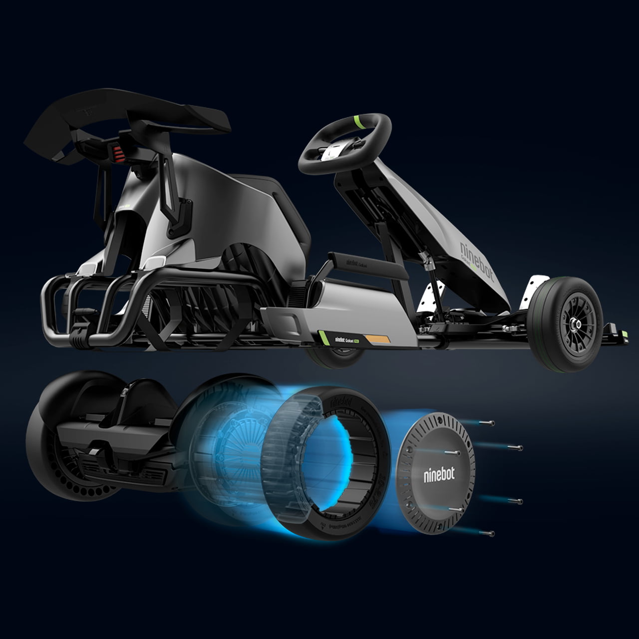 Ninebot GoKart Pro оснащён двумя моторами по 2400 Вт каждый и специальными покрышками для дрифта