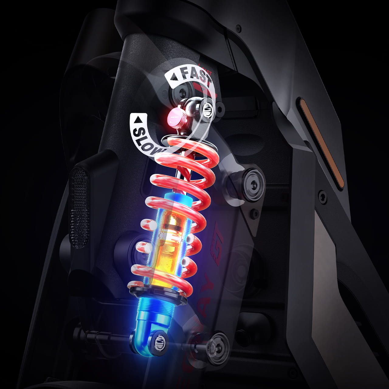 Спереди и сзади SuperScooter GT2 комплектуется гидравлическими амортизаторами с 15-ступенчатой регулировкой жёсткости